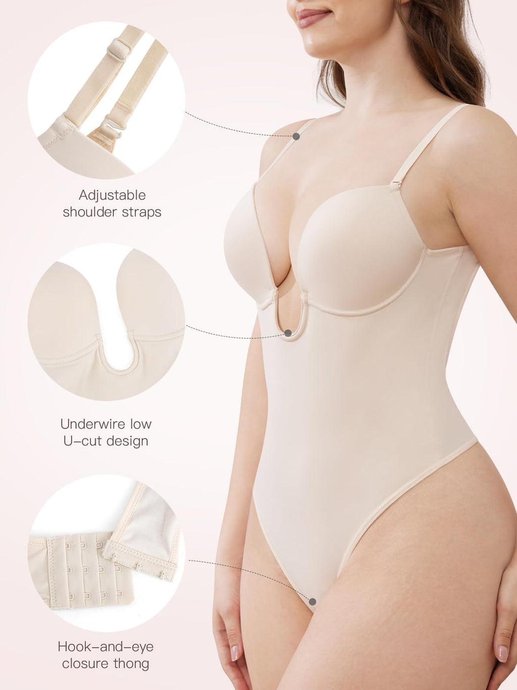 Slimers Plunge Backless Shapewear for Women: Low Back Tummy Control Body Shaper Thong Bodysuit with Underwire Bra