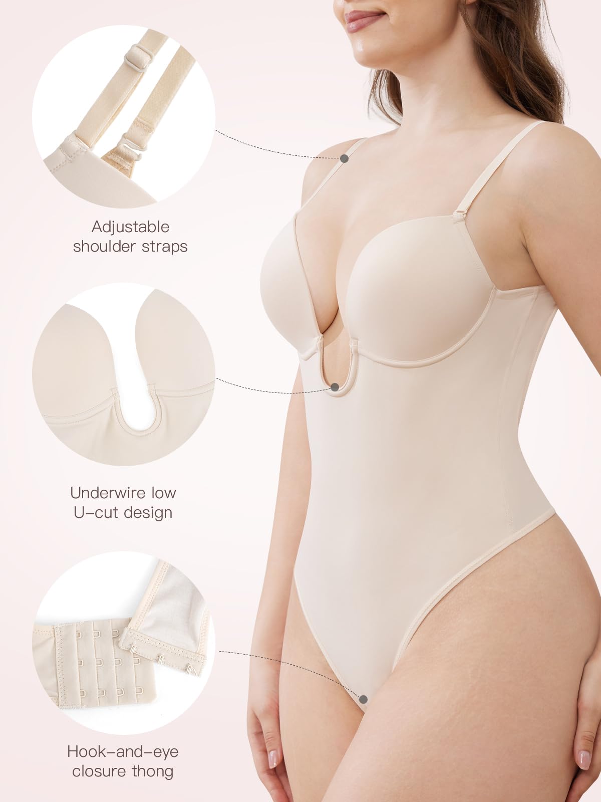 Slimers Plunge Backless Shapewear for Women: Low Back Tummy Control Body Shaper Thong Bodysuit with Underwire Bra