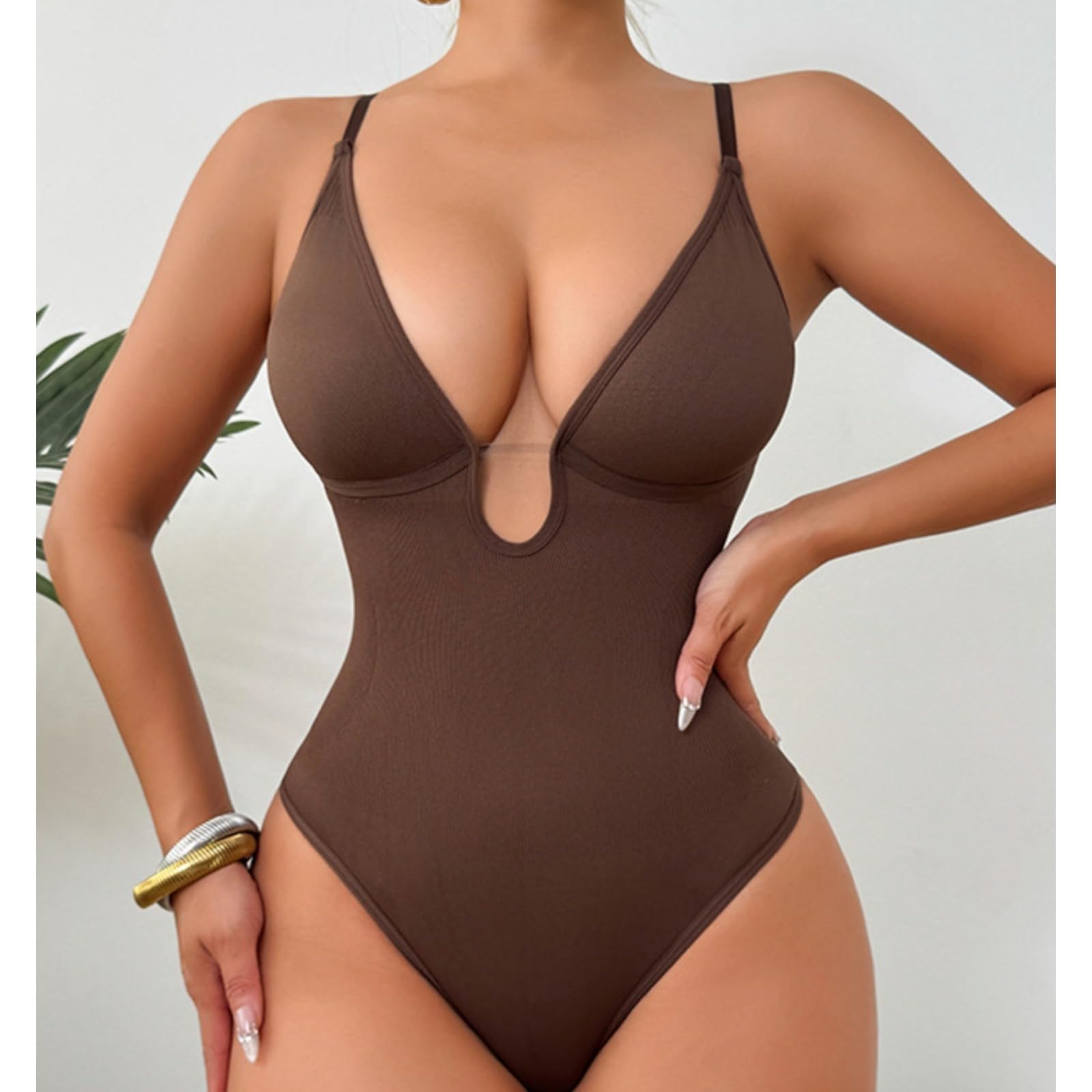 Women's Backless Bodysuit Shapewear with Butt Lifting & Tummy Control, Deep V Neck, Brown, Large