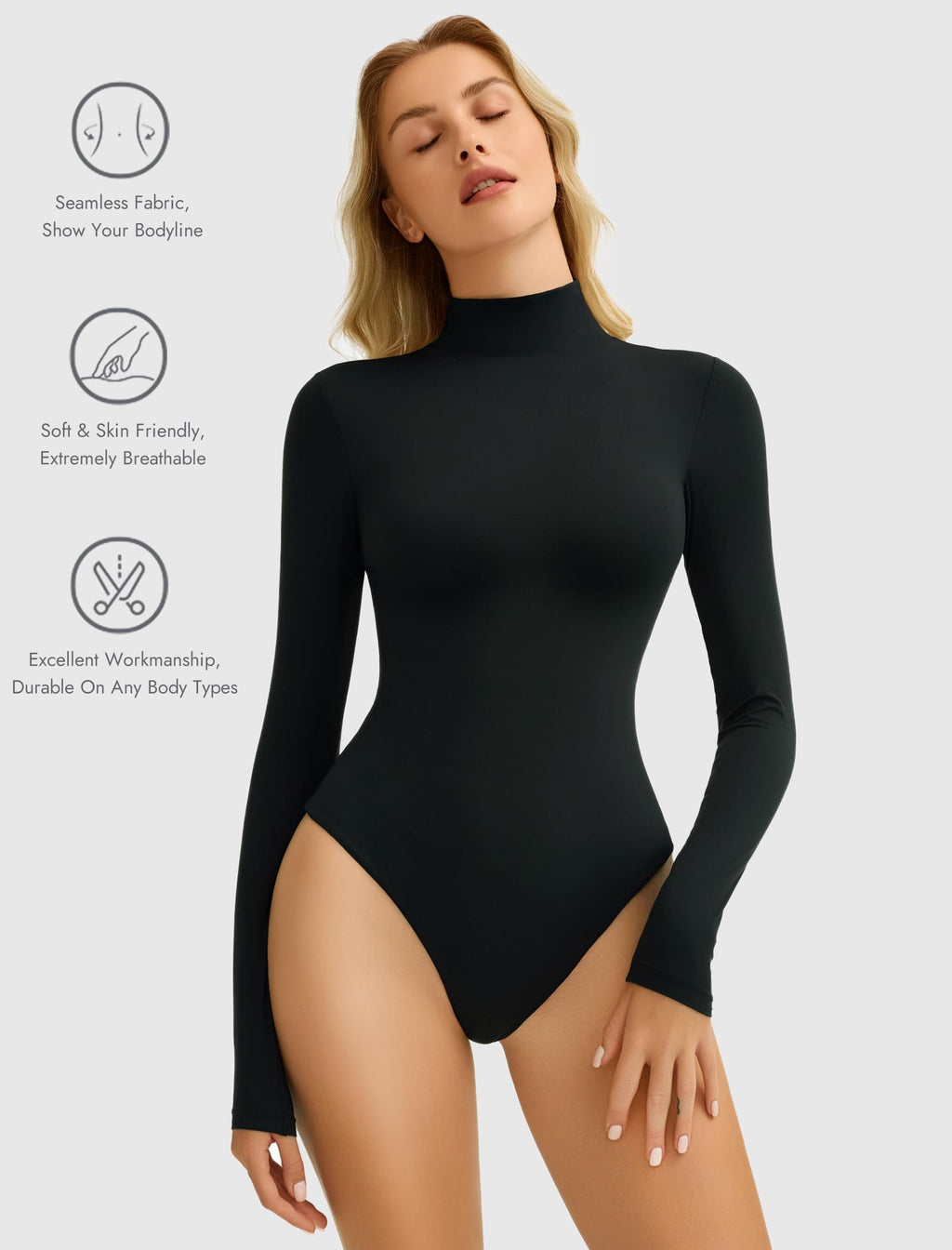 Bodysuits for Women High Neck Long Sleeve Body Suits Snap Closure Double Lined Mock Neck Bodysuit Soft