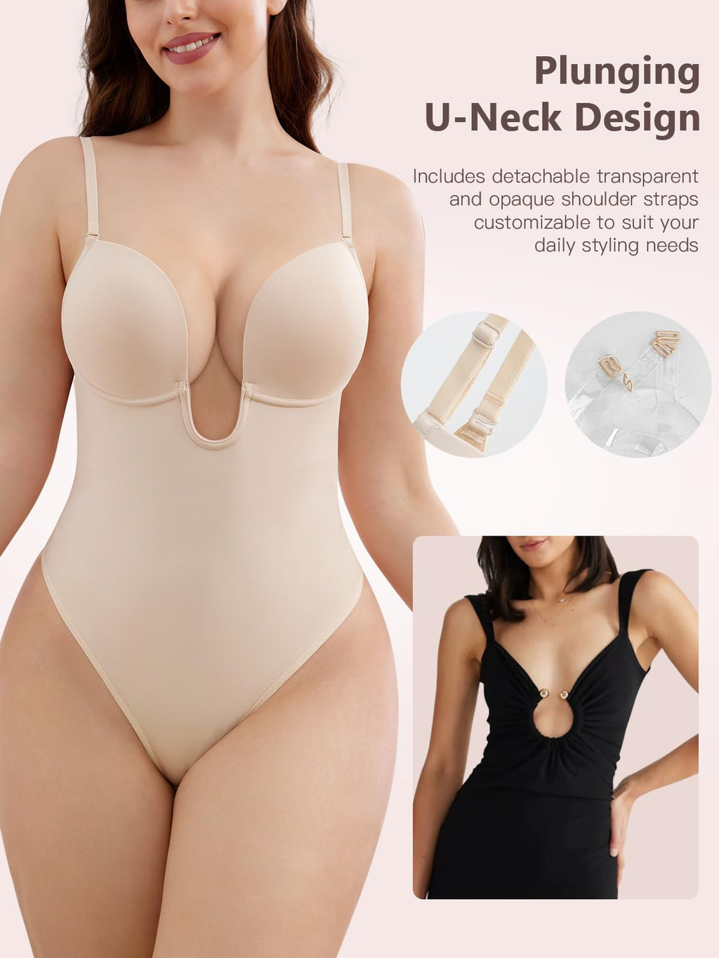 Slimers Plunge Backless Shapewear for Women: Low Back Tummy Control Body Shaper Thong Bodysuit with Underwire Bra