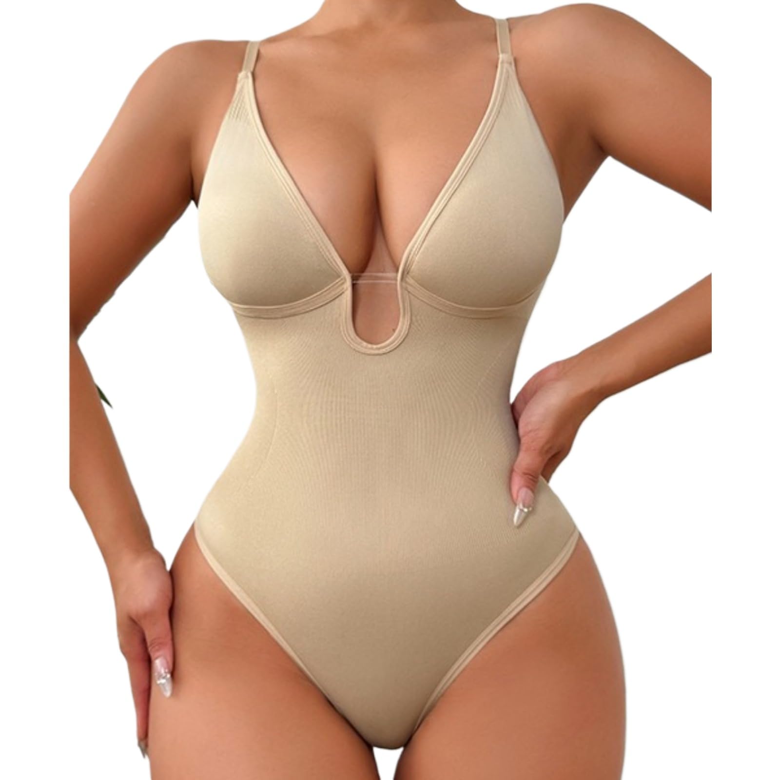Women's Backless Bodysuit Shapewear with Butt Lifting & Tummy Control, Deep V Neck, Brown, Large