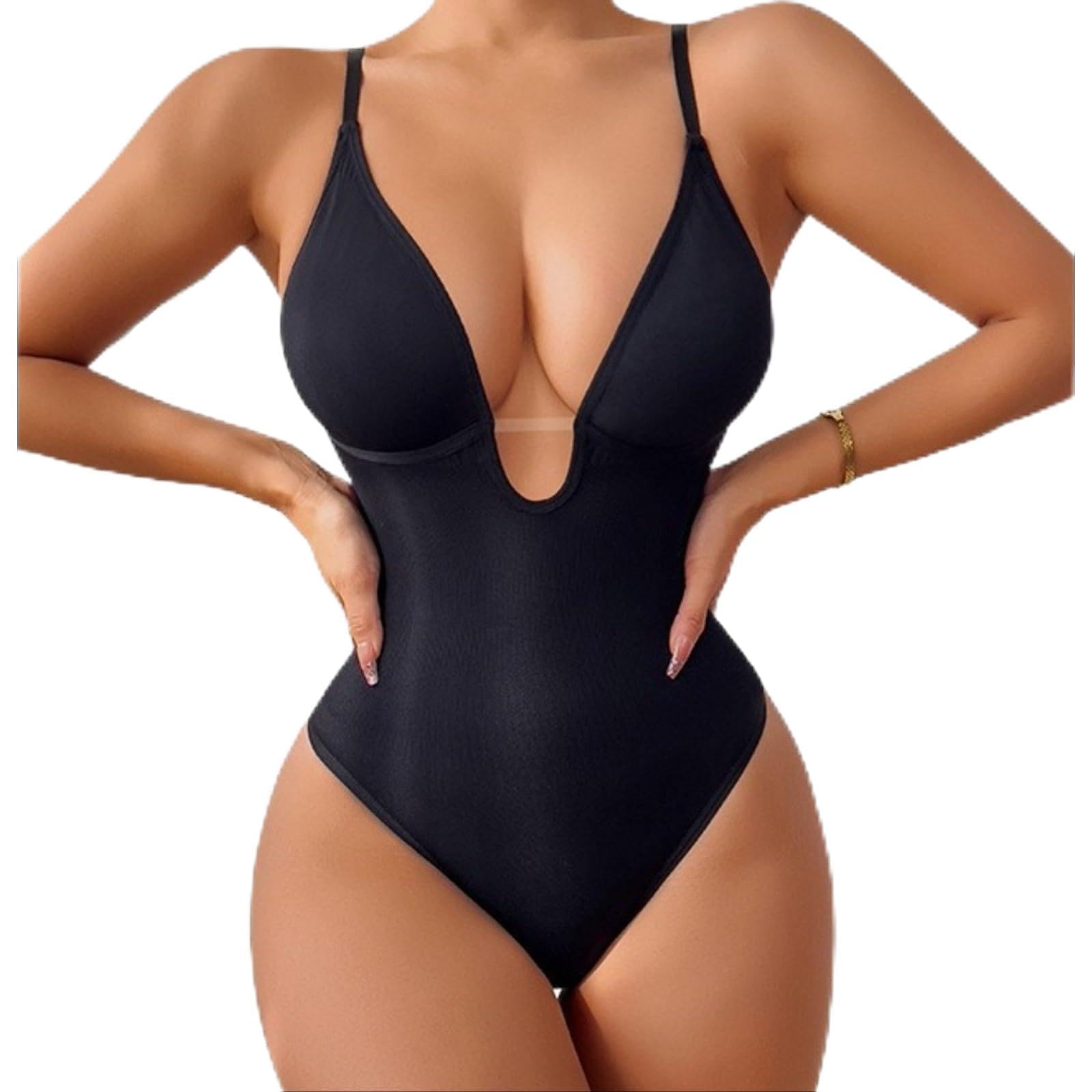 Women's Backless Bodysuit Shapewear with Butt Lifting & Tummy Control, Deep V Neck, Brown, Large