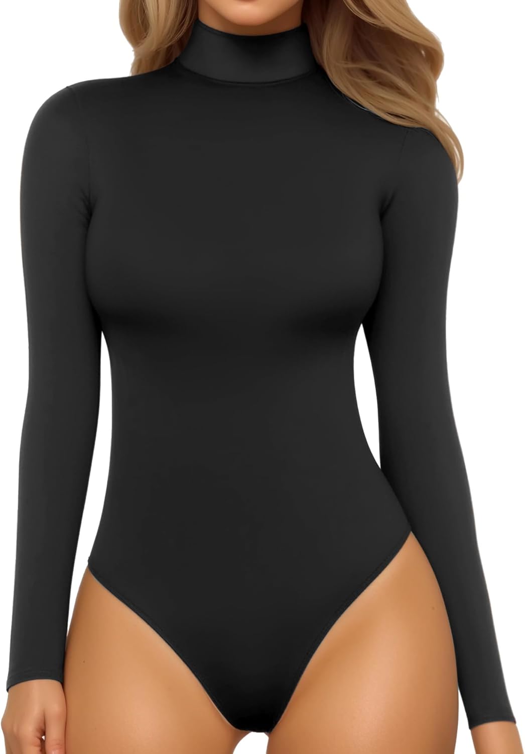 MANGOPOP Women's Mock Turtle Neck Long Sleeve Tops Bodysuit Jumpsuit