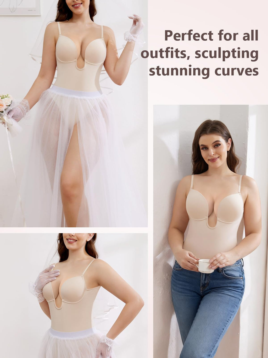 Slimers Plunge Backless Shapewear for Women: Low Back Tummy Control Body Shaper Thong Bodysuit with Underwire Bra