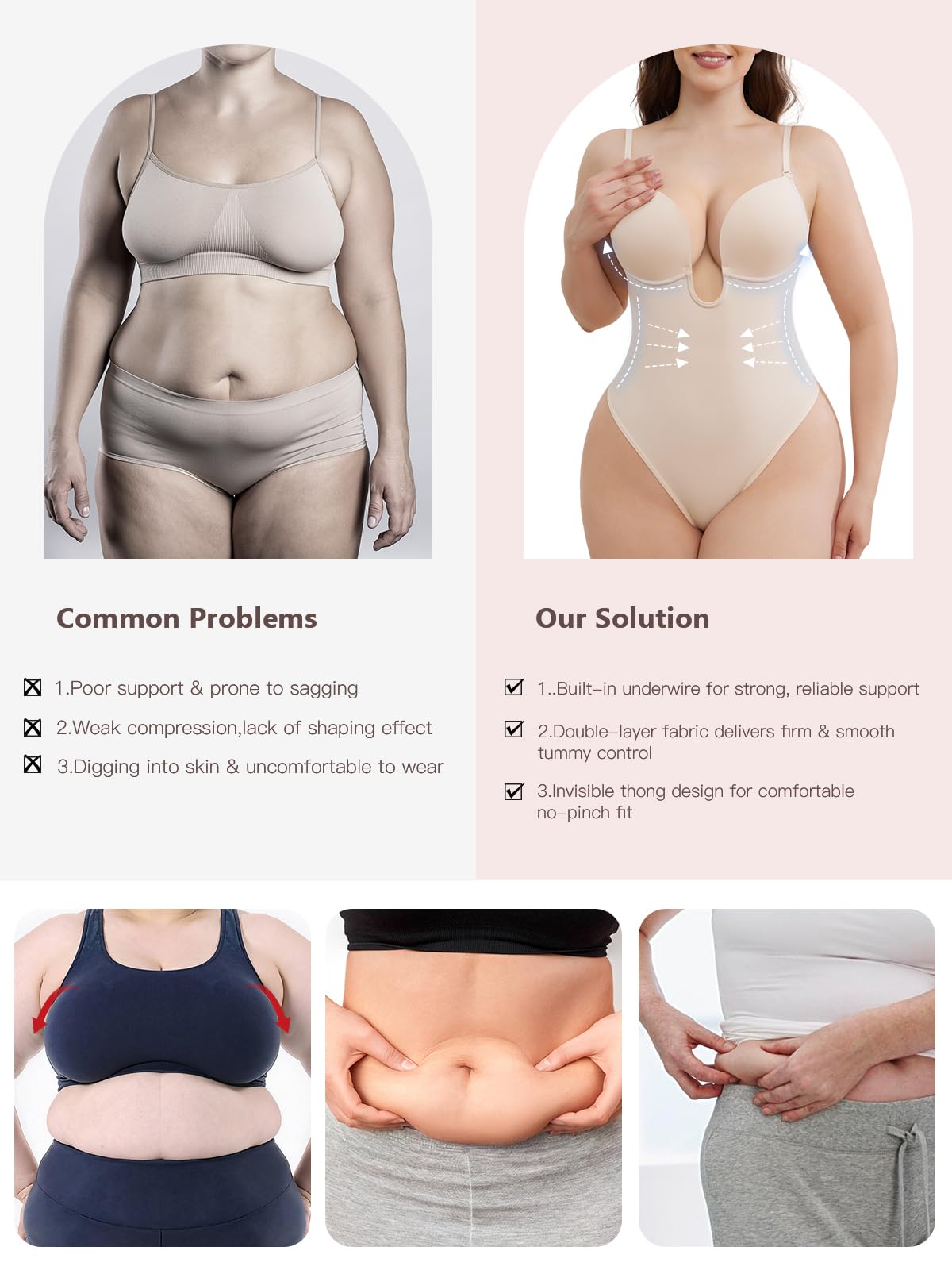 Slimers Plunge Backless Shapewear for Women: Low Back Tummy Control Body Shaper Thong Bodysuit with Underwire Bra