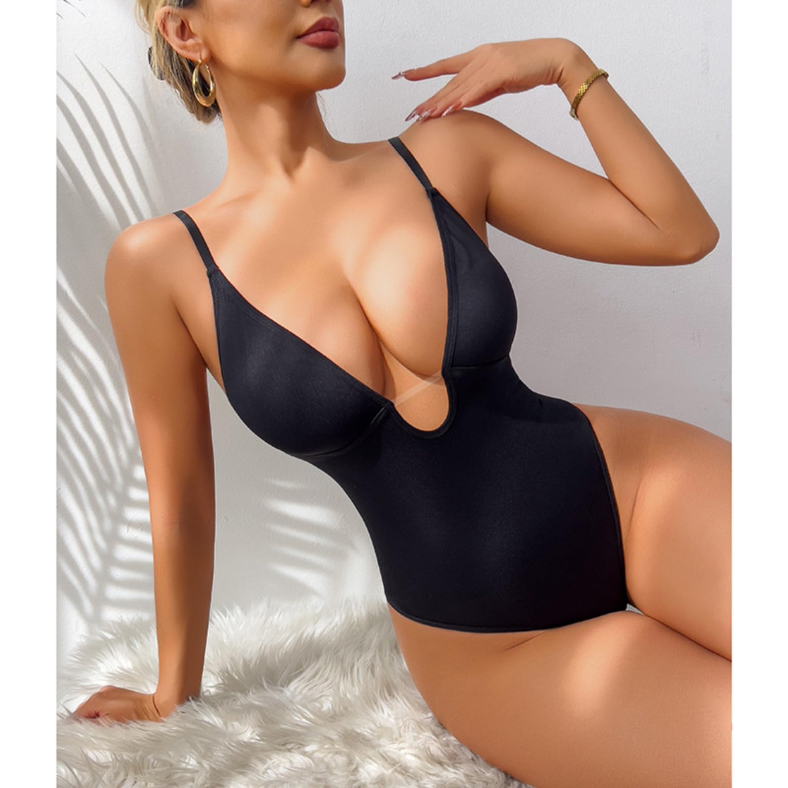 Women's Backless Bodysuit Shapewear with Butt Lifting & Tummy Control, Deep V Neck, Brown, Large